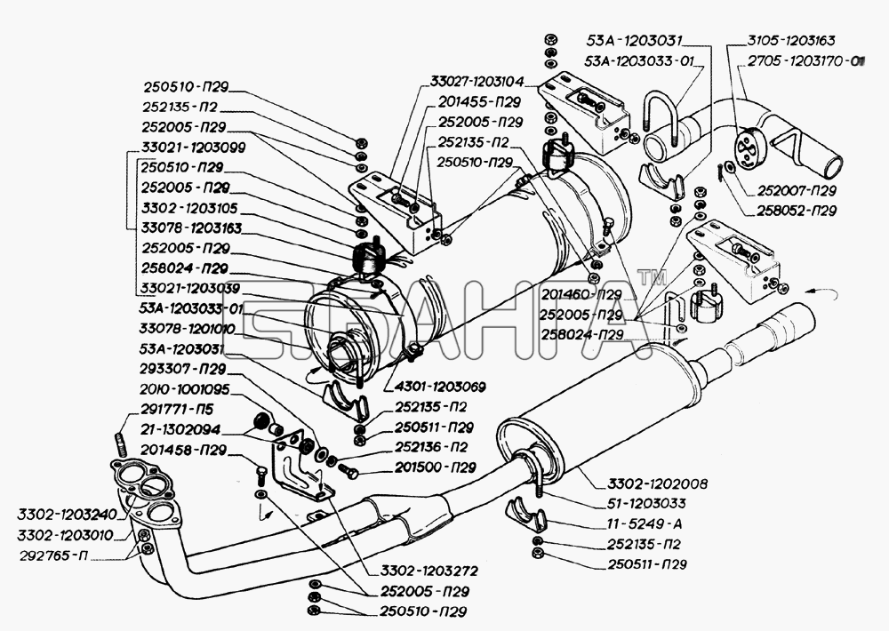 ГАЗ ГАЗ-2705 (дв. ЗМЗ-406) Схема Глушитель резонатор трубы и подвеска